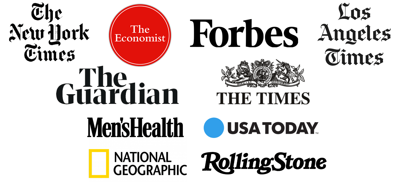 Logos for The New York Times, The Economist, Forbes, Los Angeles Times, The Guardian, The Times, Men's Health, USA Today, National Geographic, and Rolling Stone